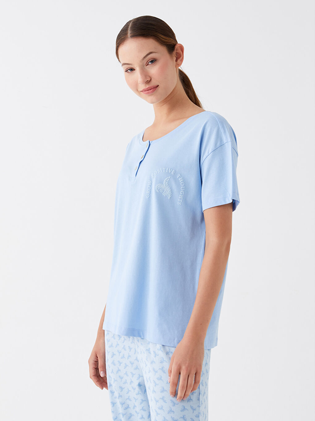 Mavi Bisiklet Yaka Desenli Kadın Kaprili Pijama Takımı-2