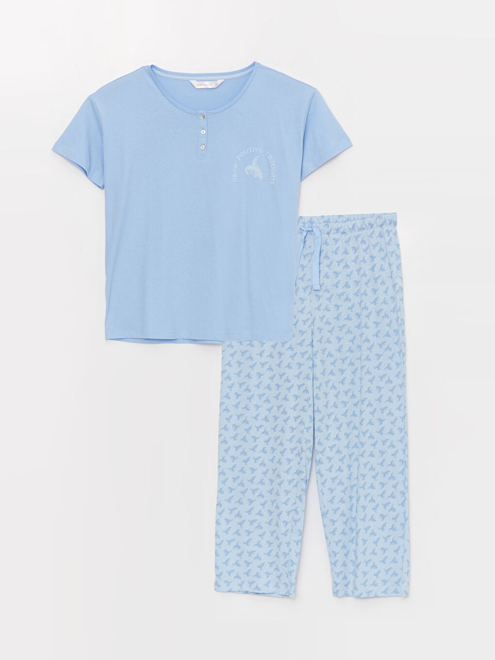 Mavi Bisiklet Yaka Desenli Kadın Kaprili Pijama Takımı-5