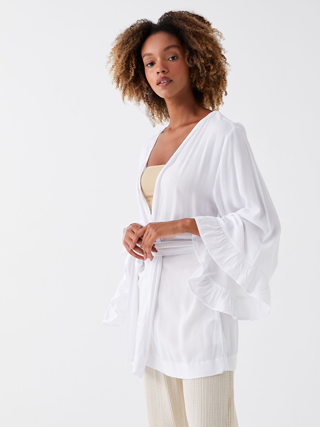 Shawl Collar Straight Crinkle Fabric Women Kimono