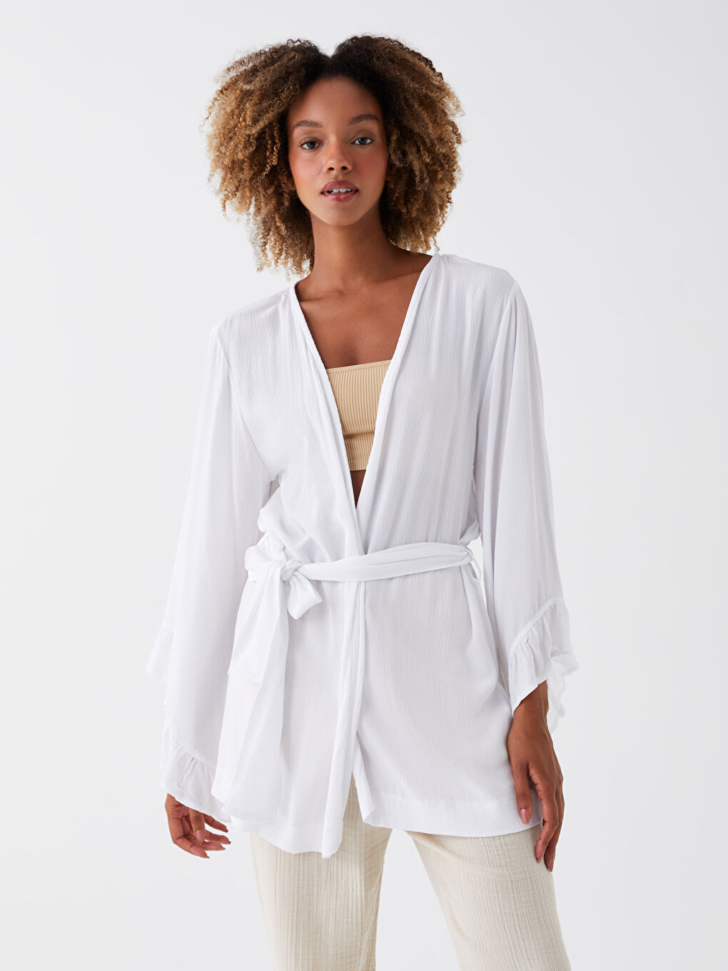 Shawl Collar Straight Crinkle Fabric Women Kimono-1