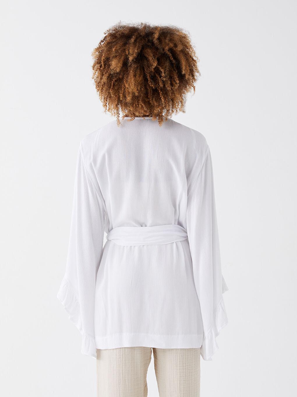 Shawl Collar Straight Crinkle Fabric Women Kimono-4