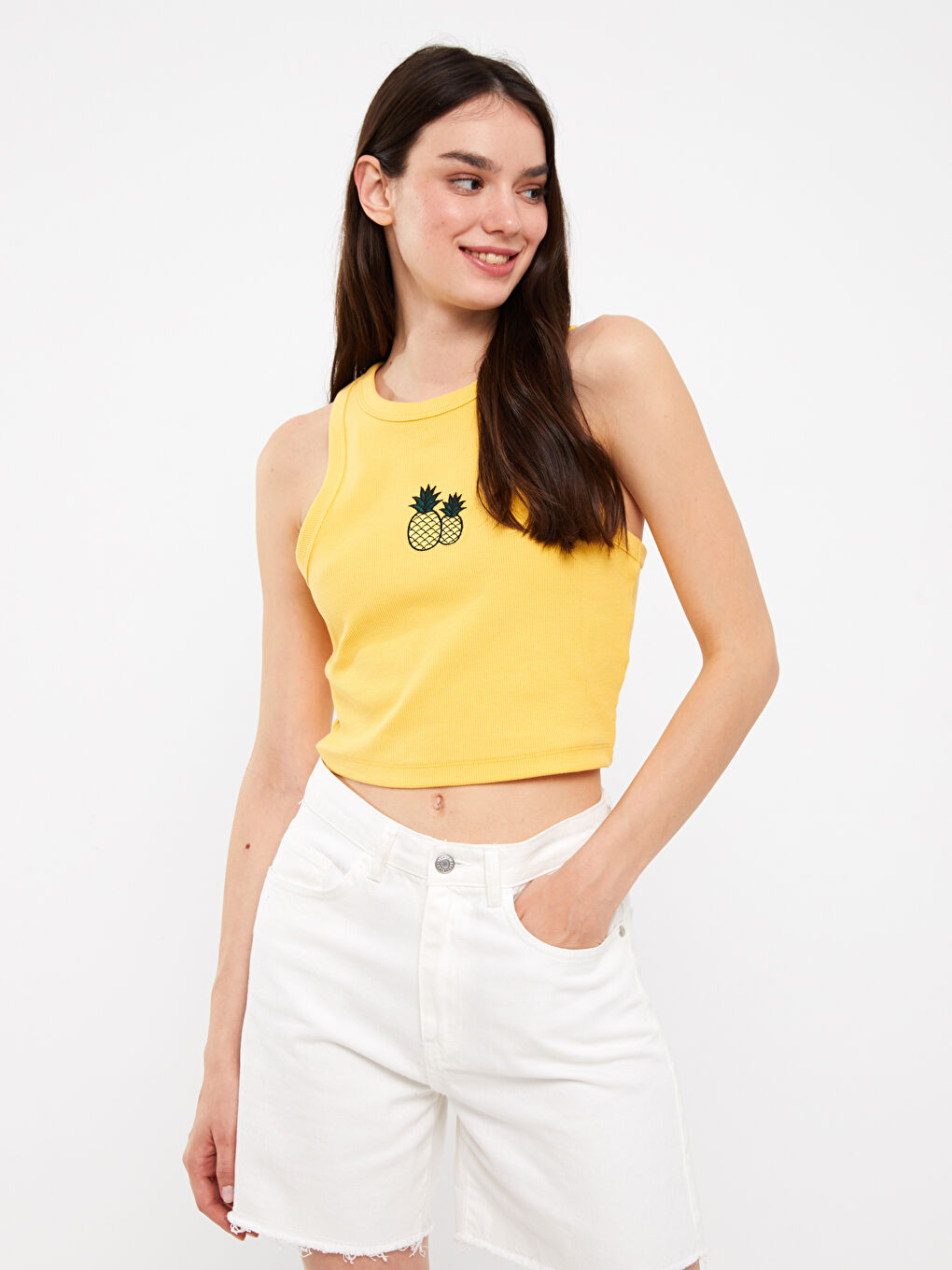 LCW Vision Rundhalsausschnitt Besticktes Bauchfreies Top für Damen -S3GN77Z8-FXD