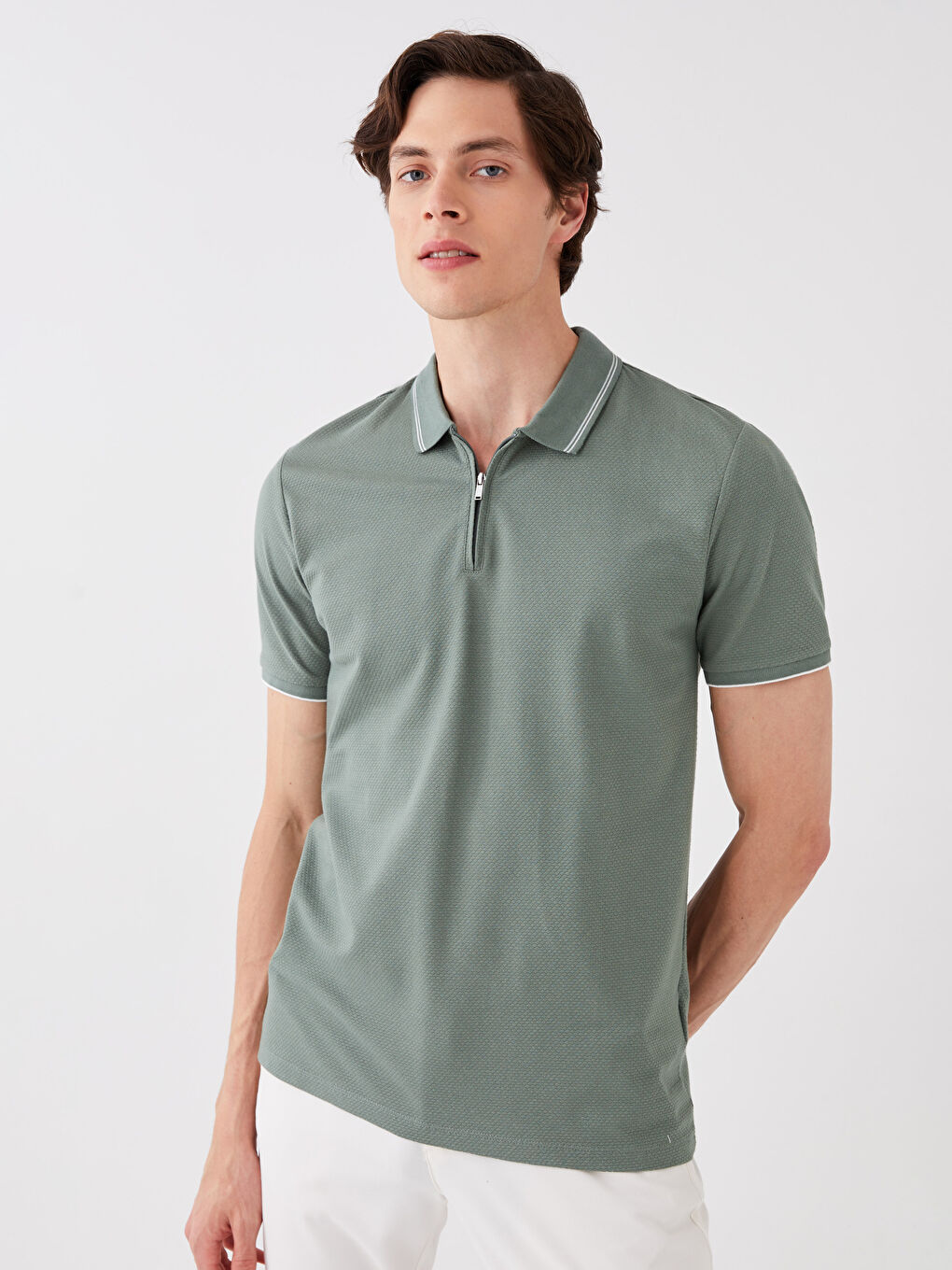 Haki Polo Yaka Kısa Kollu Erkek Tişört-1