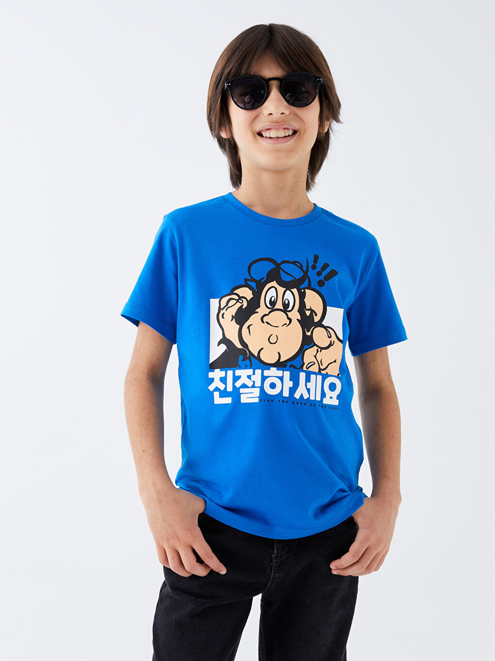 Mavi Bisiklet Yaka Nostaljik Maymun Baskılı Kısa Kollu Erkek Çocuk Tişört