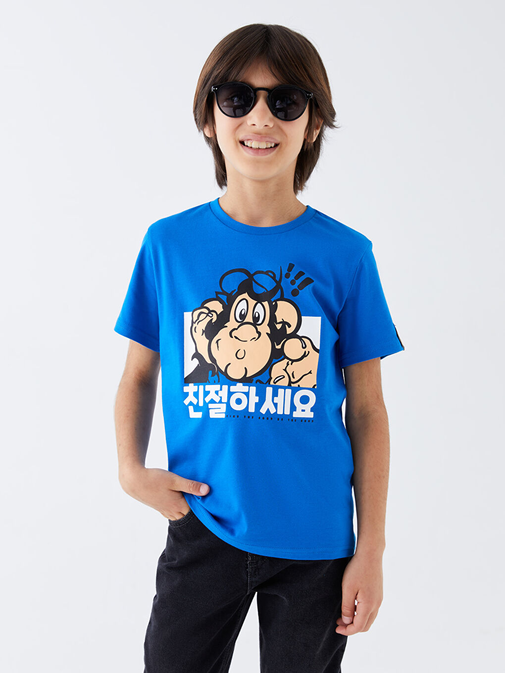 Mavi Bisiklet Yaka Nostaljik Maymun Baskılı Kısa Kollu Erkek Çocuk Tişört-1