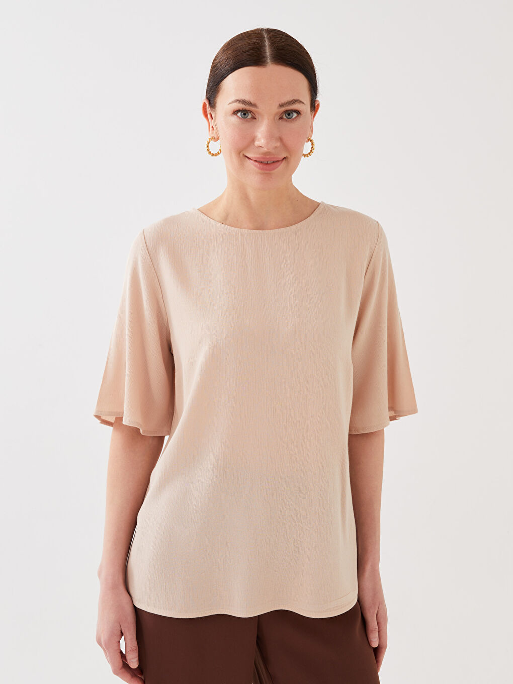 Crew Neck Plain Short Sleeve Women's Blouse-1