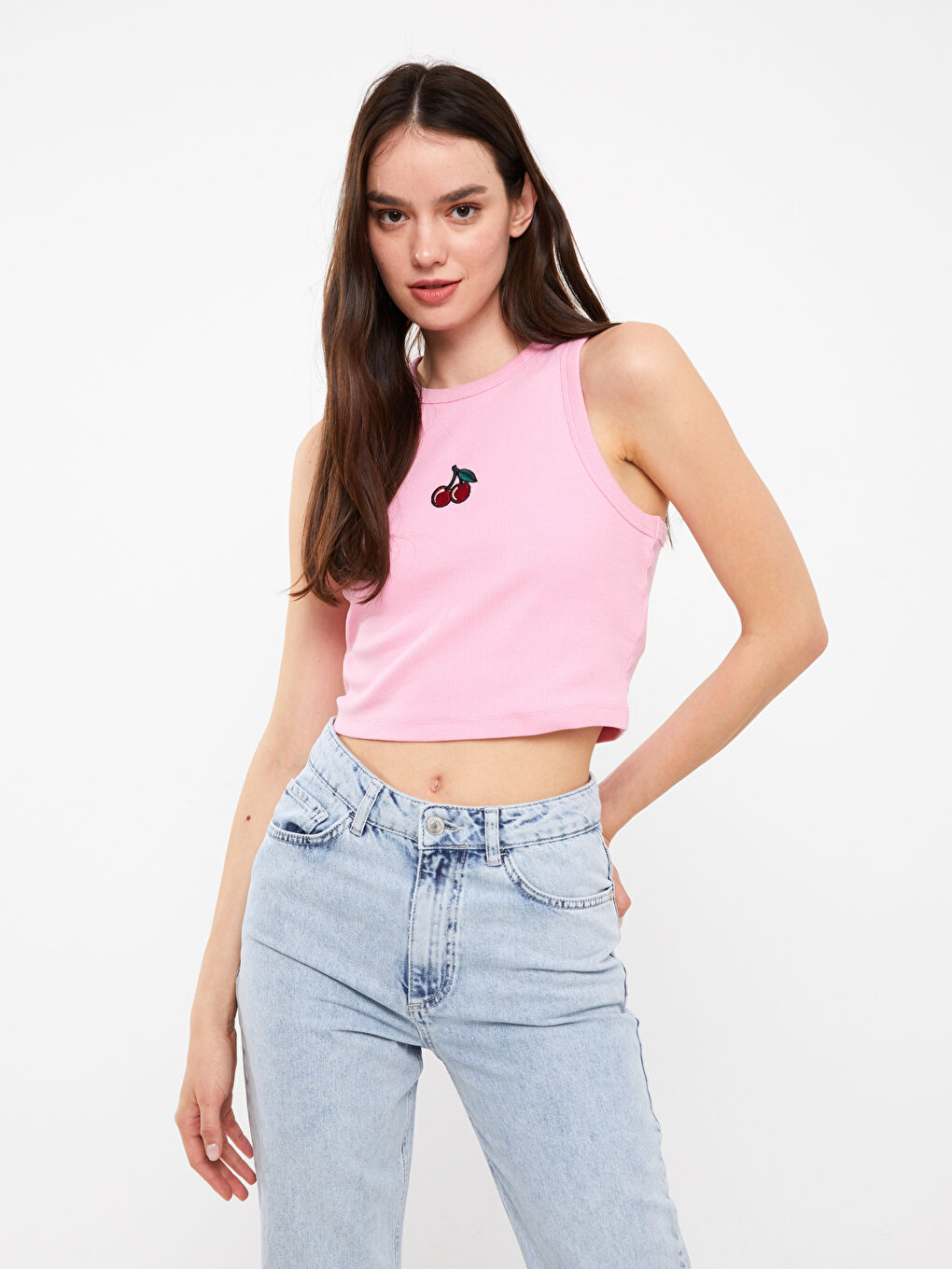 LCW Vision Rundhalsausschnitt Besticktes Bauchfreies Top für Damen -S3GO12Z8-GA5