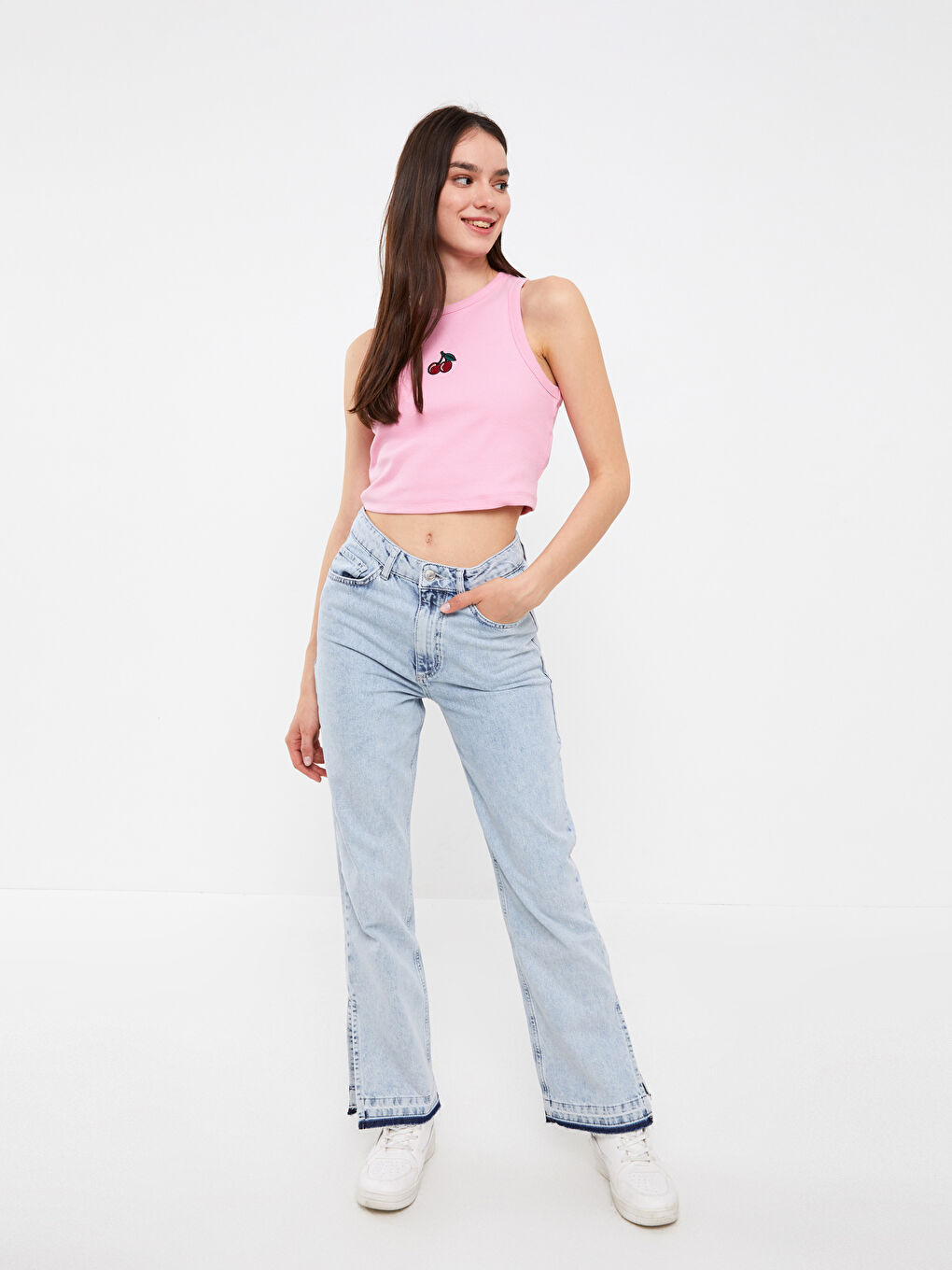 LCW Vision Rundhalsausschnitt Besticktes Bauchfreies Top für Damen -S3GO12Z8-GA5