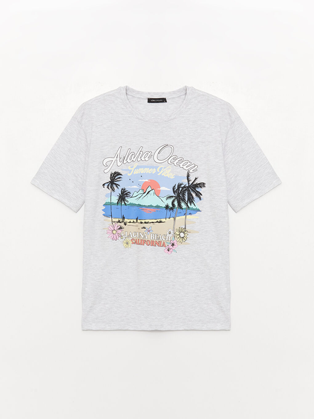 Gri Bisiklet Yaka Baskılı Kısa Kollu Oversize Kadın Tişört-5