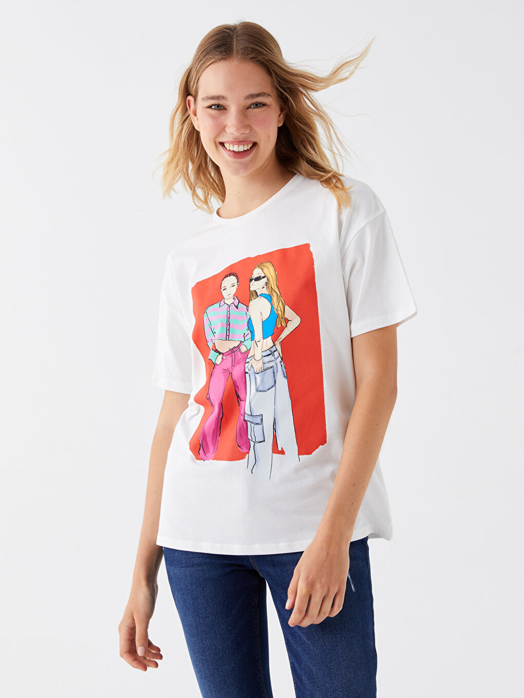 Ekru Bisiklet Yaka Baskılı Kısa Kollu Kadın Tişört