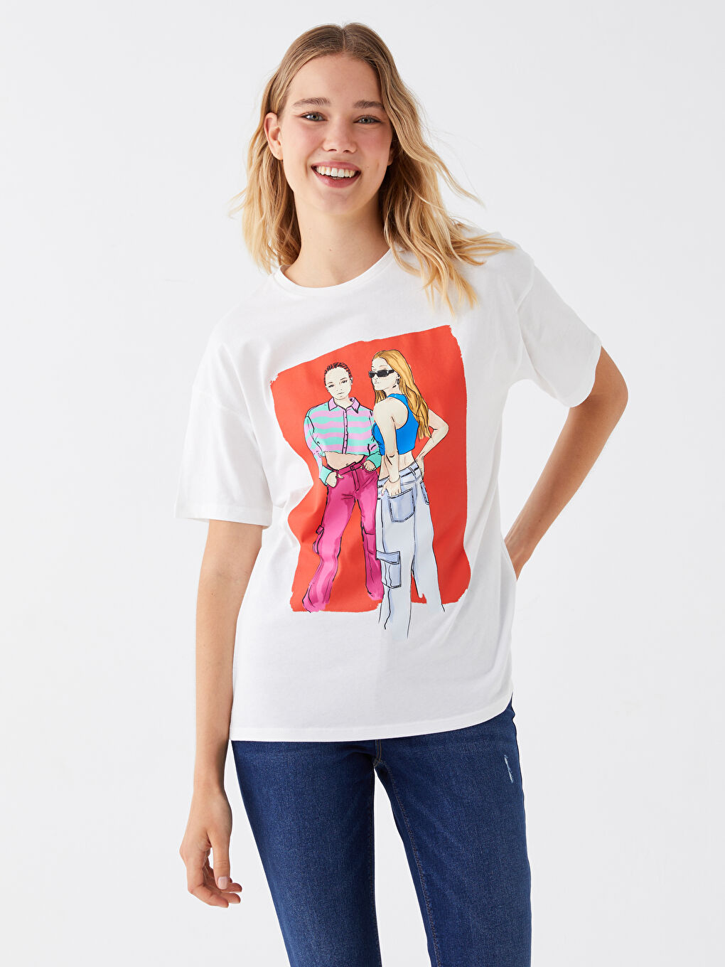 Ekru Bisiklet Yaka Baskılı Kısa Kollu Kadın Tişört-2