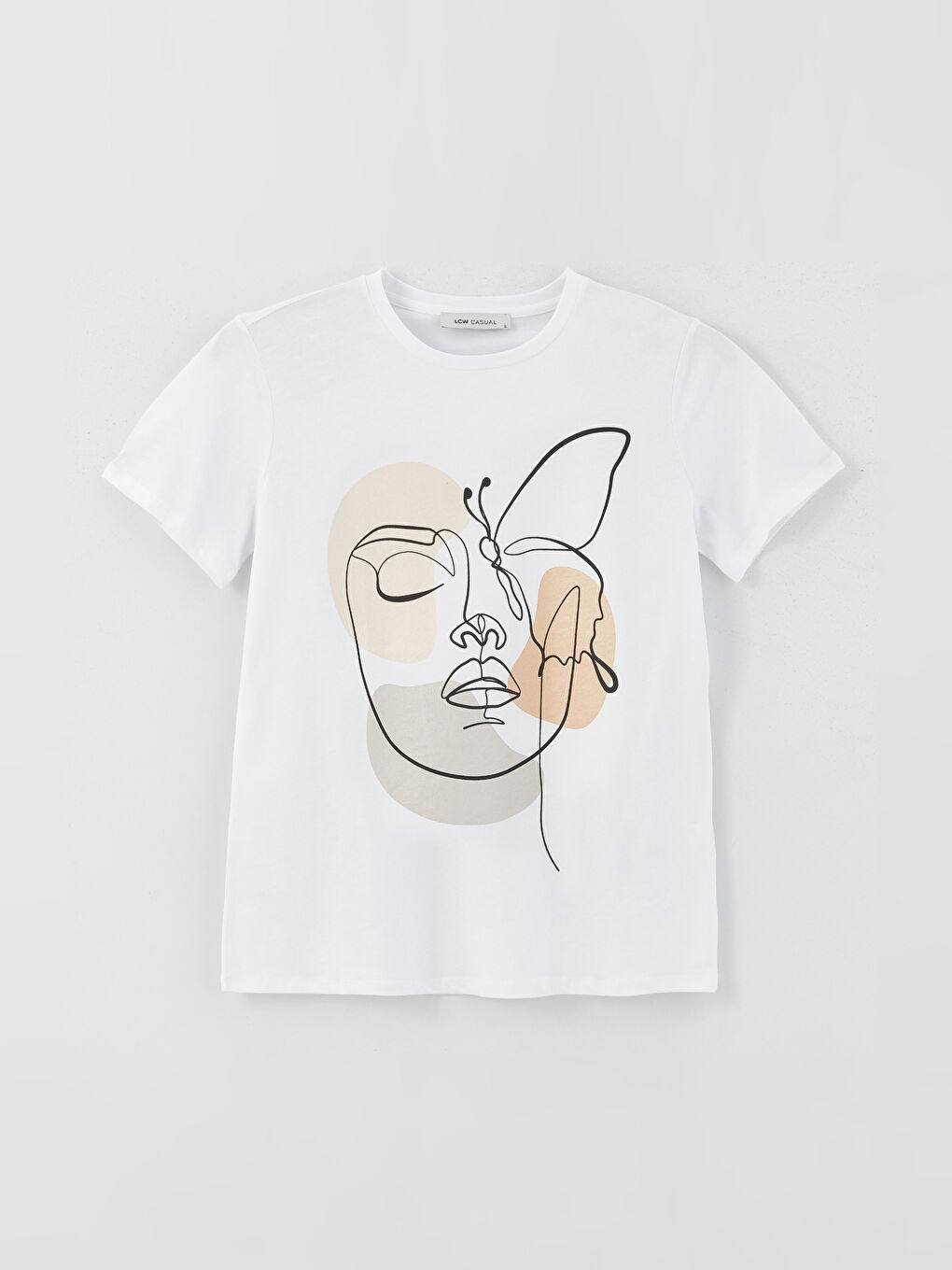 Beyaz Bisiklet Yaka Baskılı Kısa Kollu Kadın Tişört-5