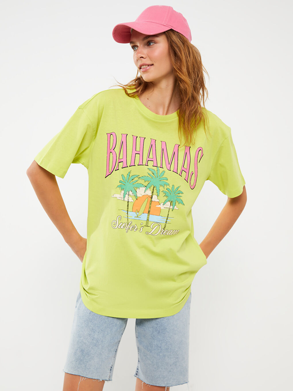 Yeşil Bisiklet Yaka Baskılı Kısa Kollu Oversize Kadın Tişört