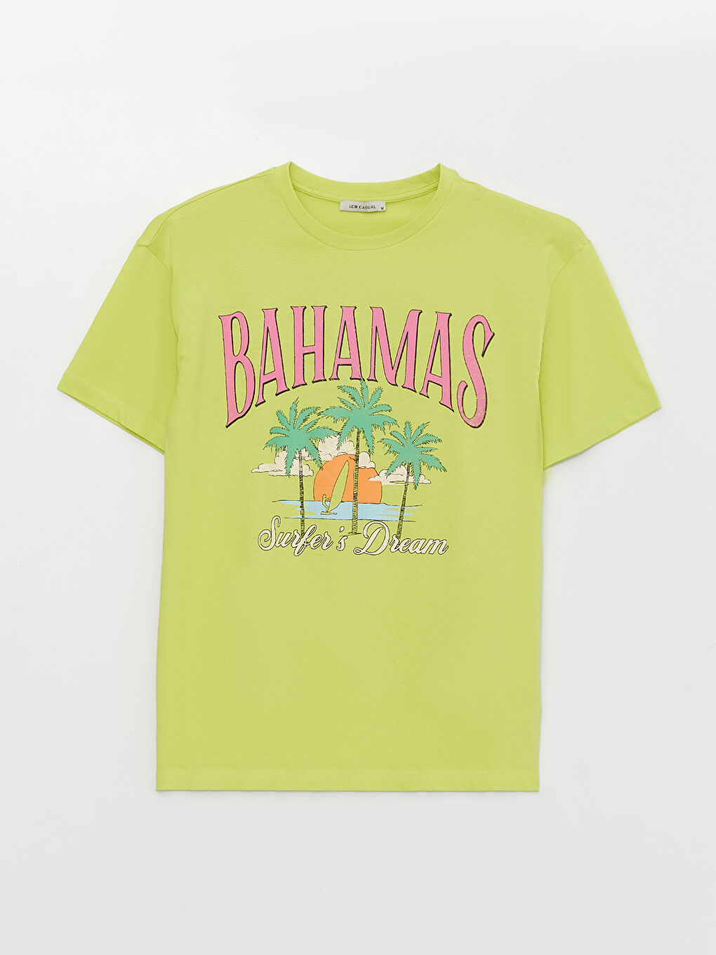 Yeşil Bisiklet Yaka Baskılı Kısa Kollu Oversize Kadın Tişört-5