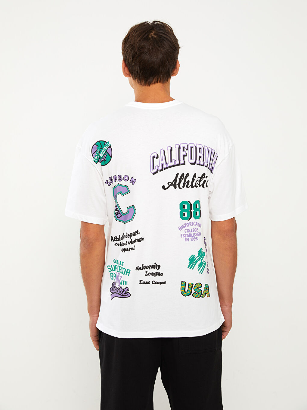 Beyaz Bisiklet Yaka Kısa Kollu Baskılı Penye Erkek Tişört-4