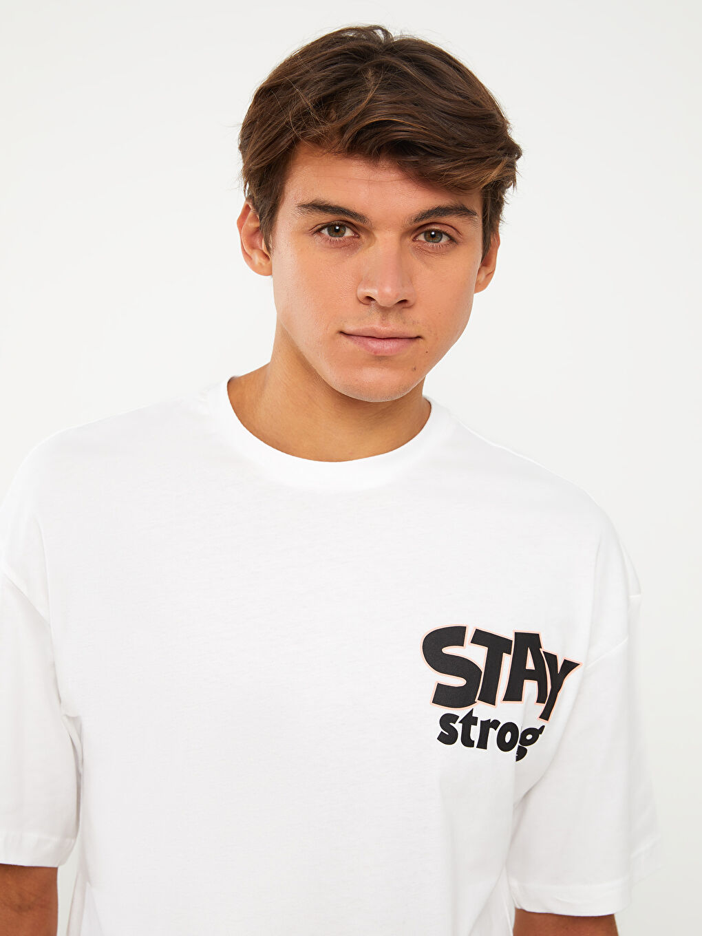 Beyaz Bisiklet Yaka Kısa Kollu Baskılı Penye Erkek Tişört-3