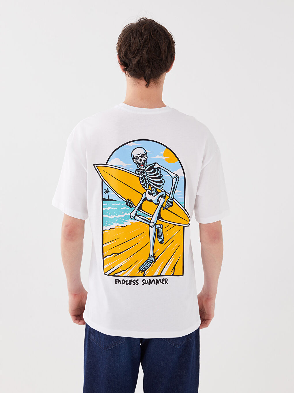 Beyaz Bisiklet Yaka Kısa Kollu Desenli Penye Erkek Tişört-4