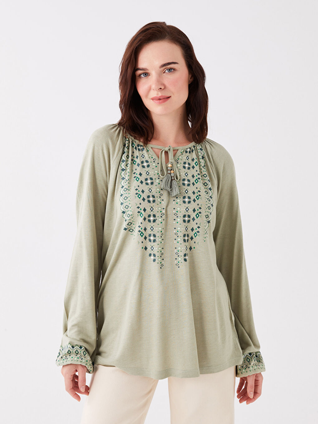 LCW Grace Tie Neck Patterned Long Sleeve Women's Blouse -S3GO90Z8-GHY