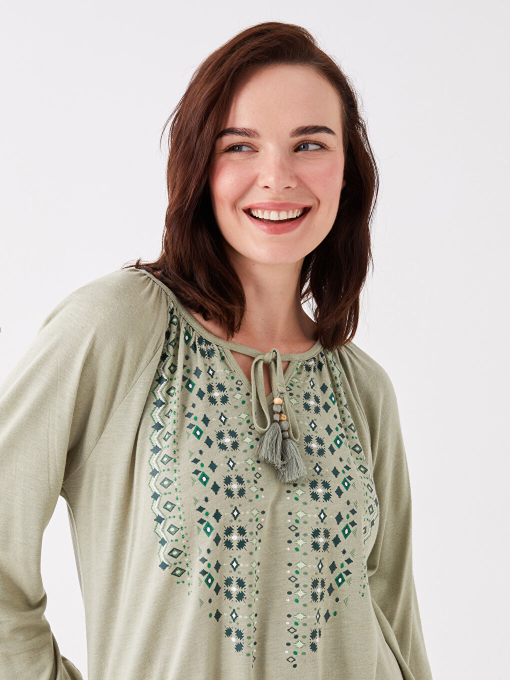 LCW Grace Tie Neck Patterned Long Sleeve Women's Blouse -S3GO90Z8-GHY