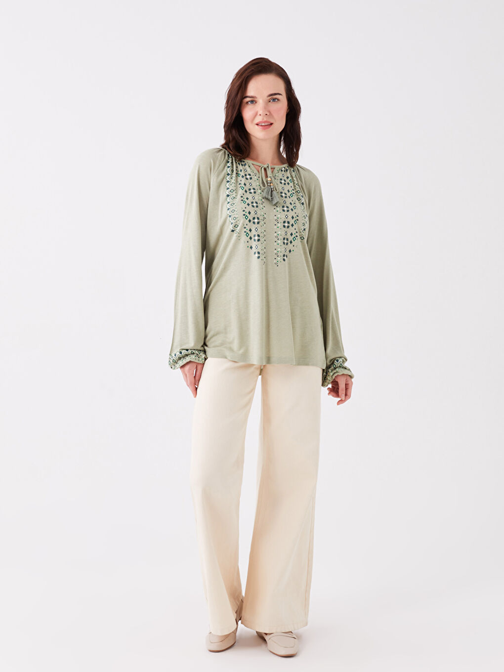 LCW Grace Tie Neck Patterned Long Sleeve Women's Blouse -S3GO90Z8-GHY