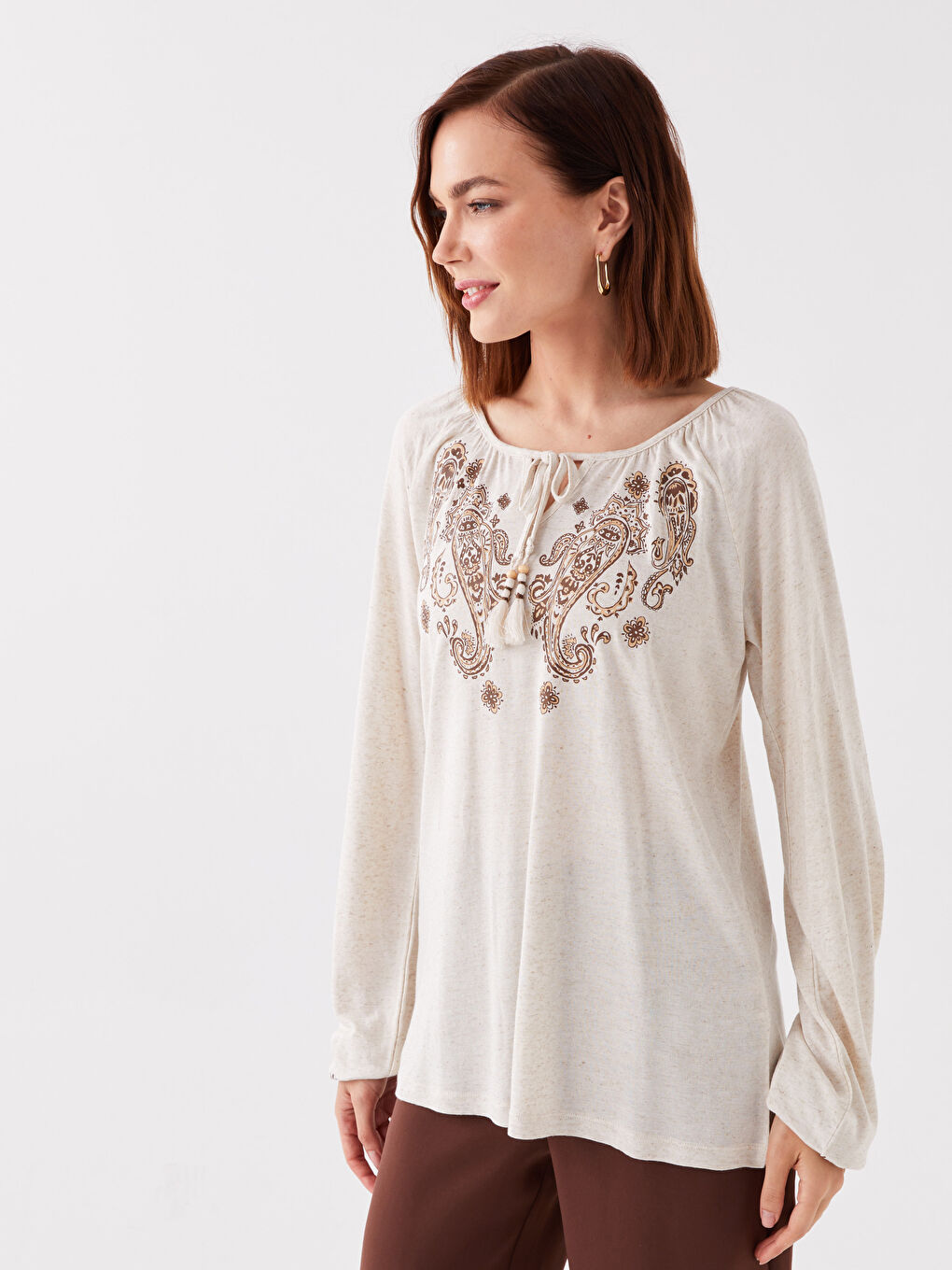 Tie Neck Patterned Long Sleeve Women's Blouse