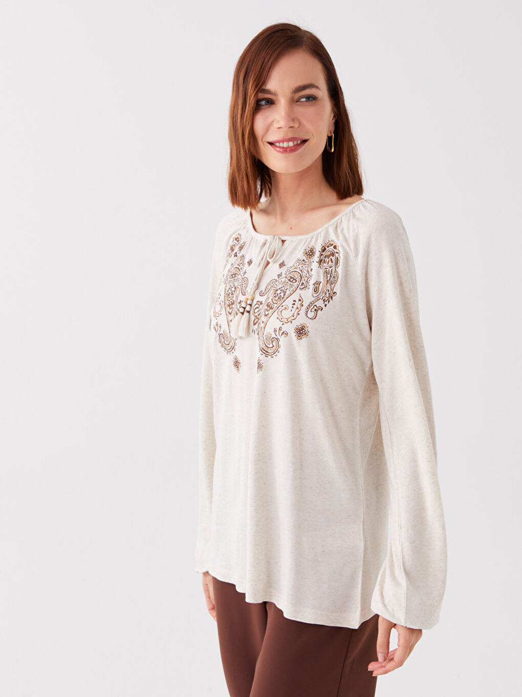 Tie Neck Patterned Long Sleeve Women's Blouse-1