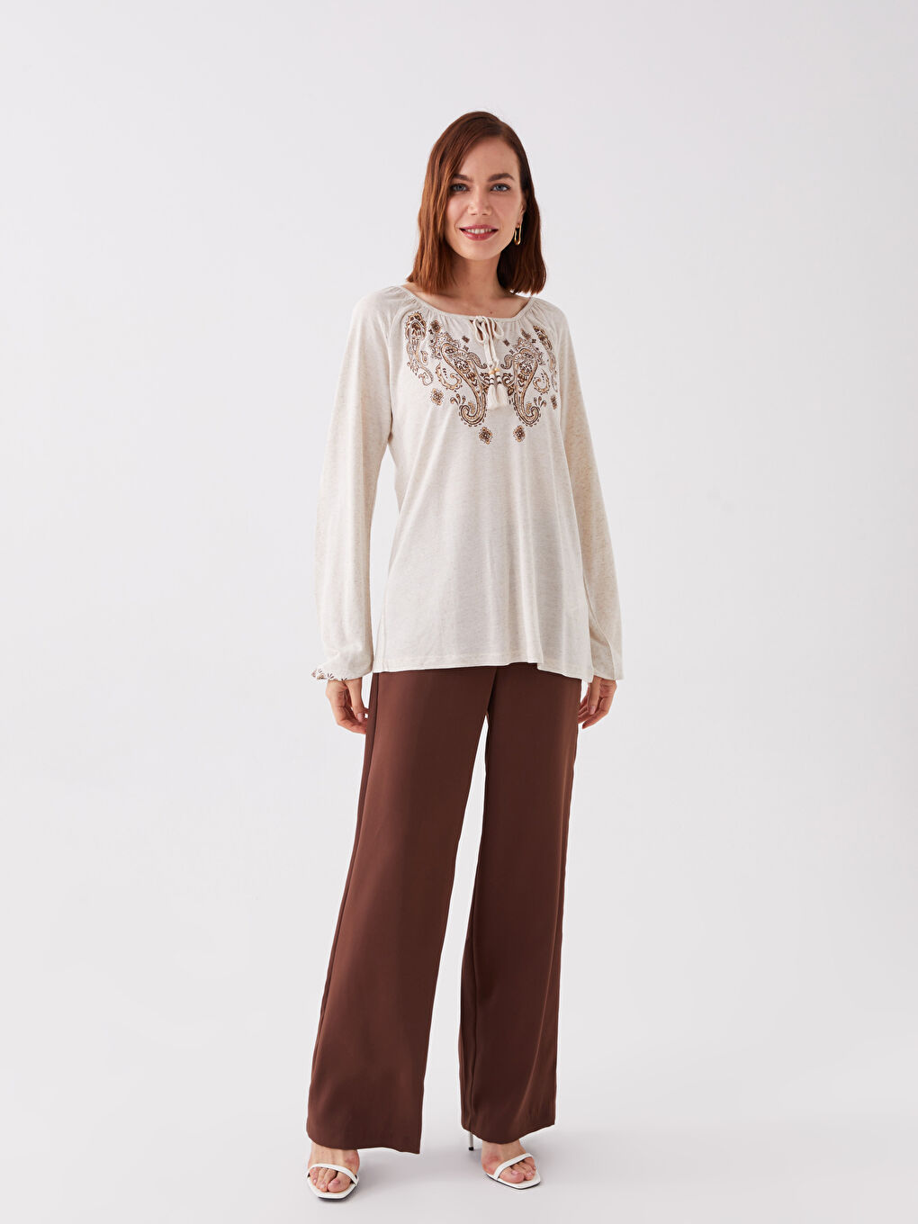 Tie Neck Patterned Long Sleeve Women's Blouse-2