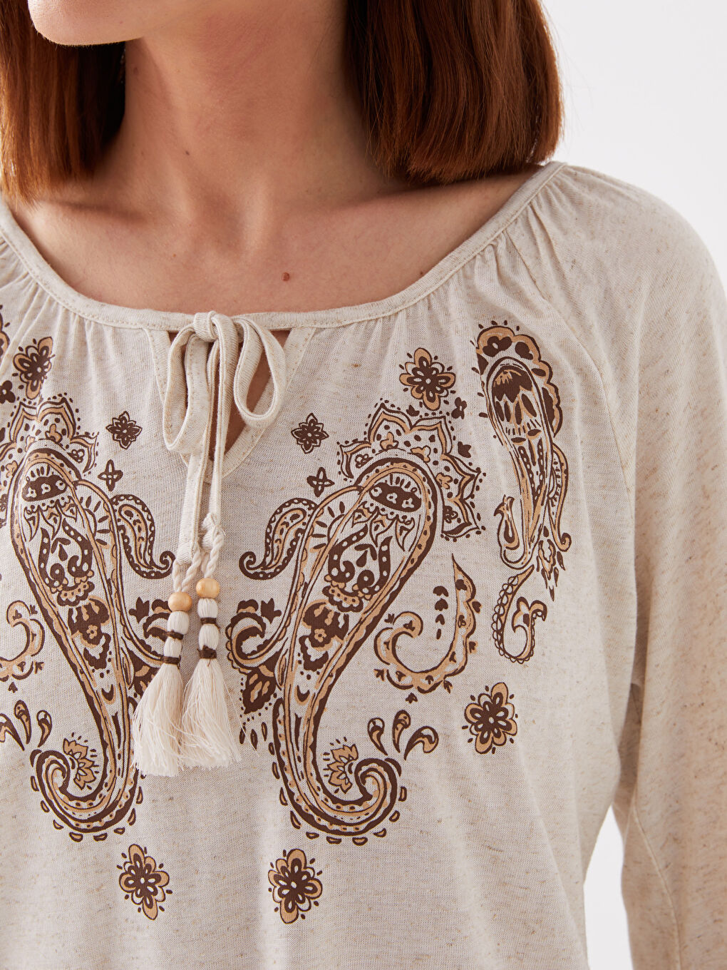 Tie Neck Patterned Long Sleeve Women's Blouse-3