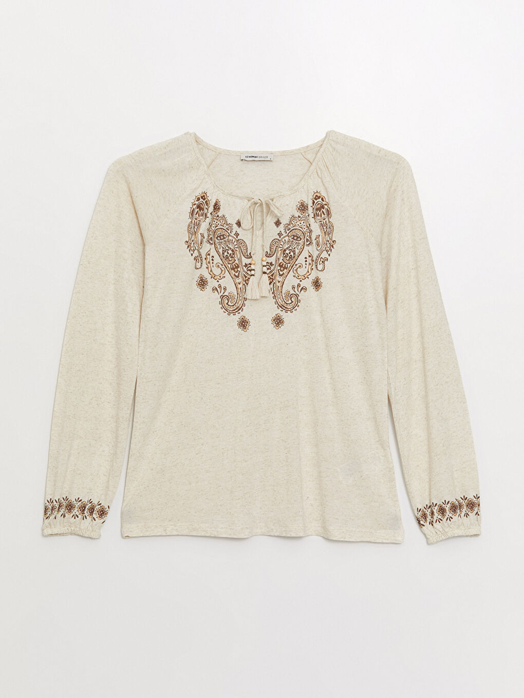 Tie Neck Patterned Long Sleeve Women's Blouse-5