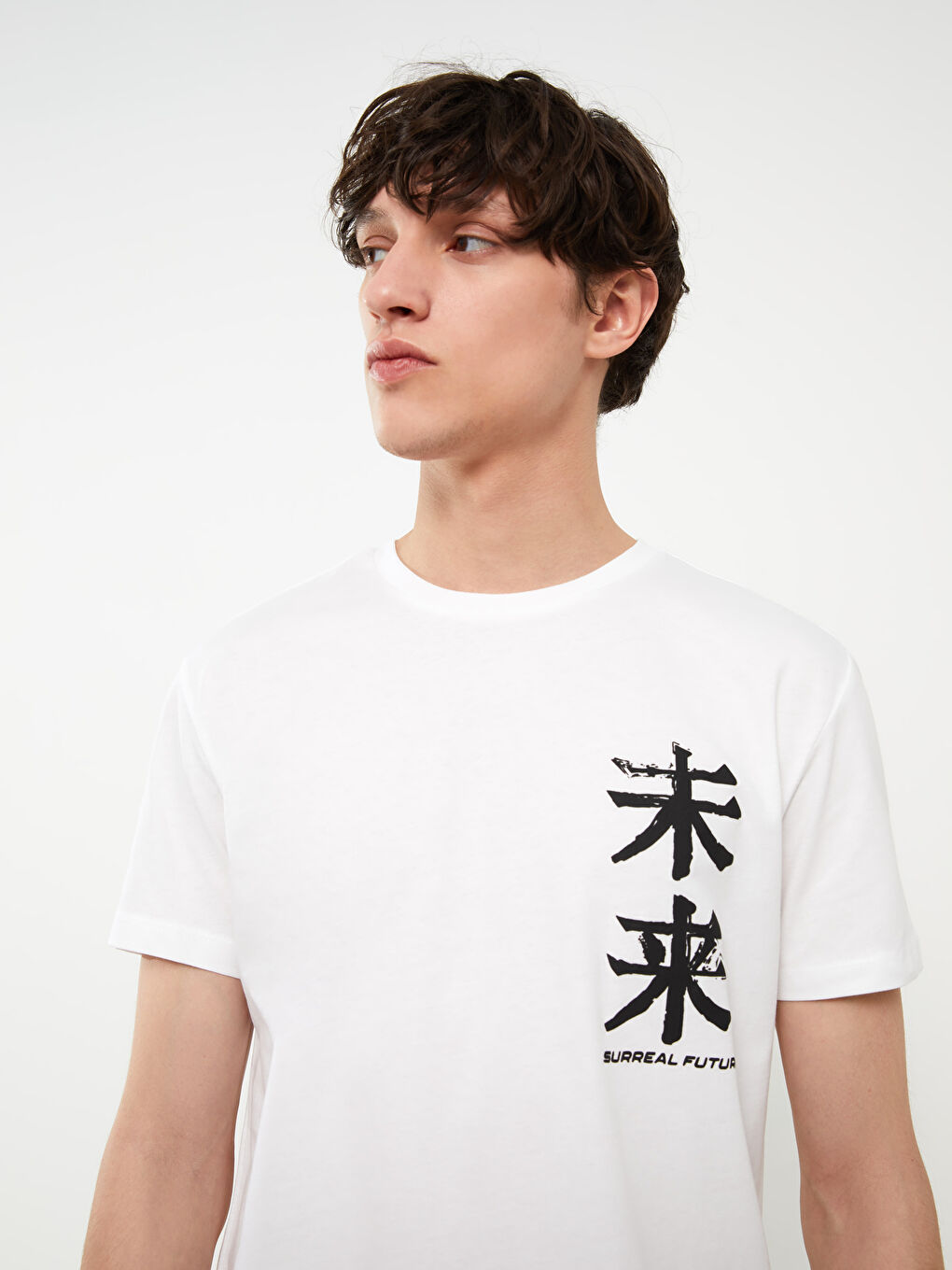 Beyaz Bisiklet Yaka Kısa Kollu Baskılı Penye Erkek Tişört