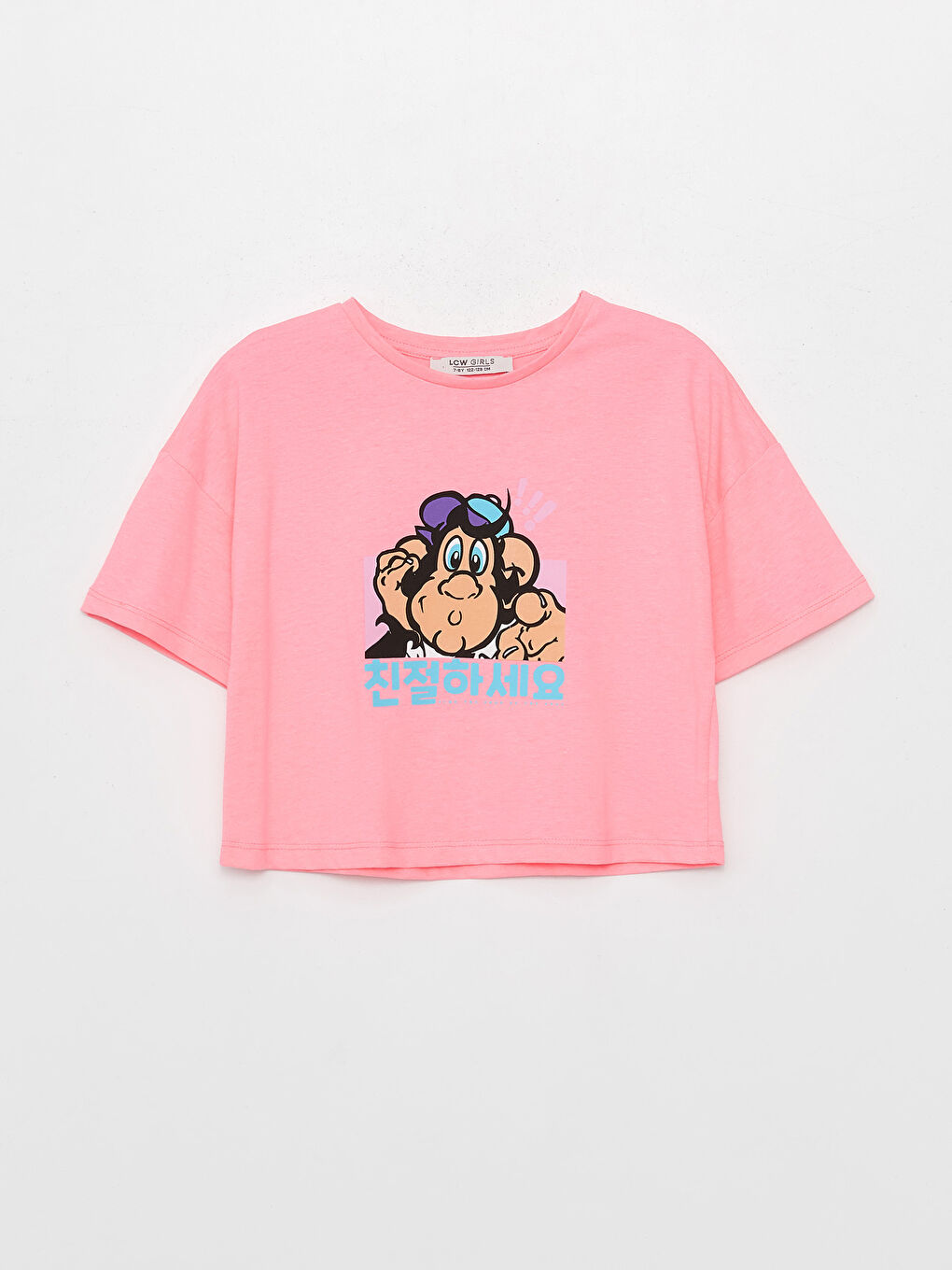 Pembe Bisiklet Yaka Nostaljik Maymun Baskılı Kısa Kollu Kız Çocuk Tişört