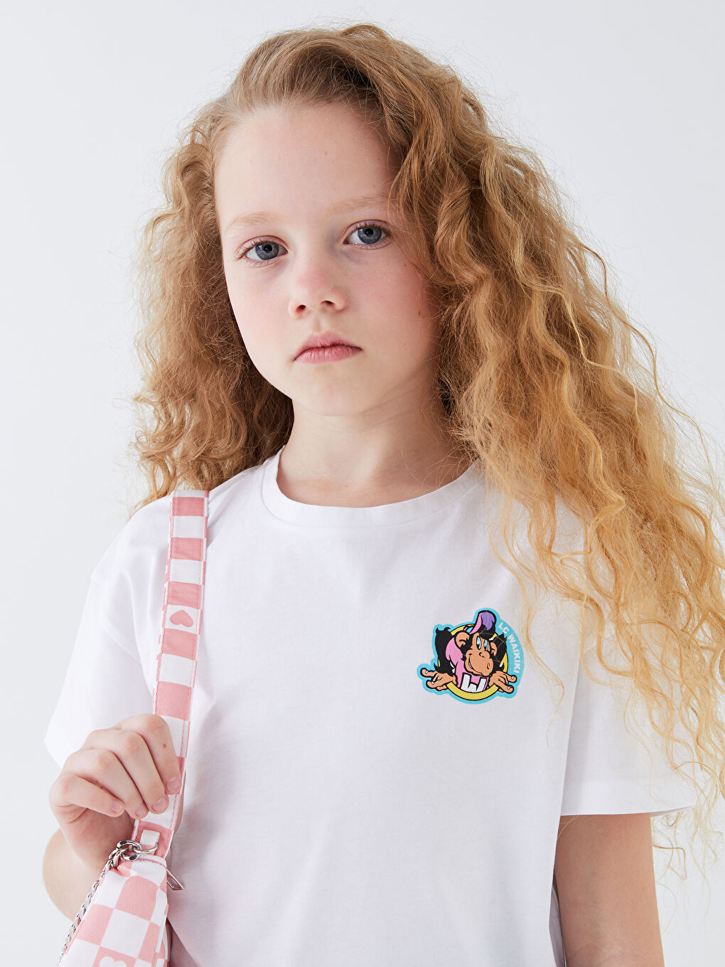 Beyaz Bisiklet Yaka Nostaljik Maymun Baskılı Kısa Kollu Kız Çocuk Tişört-2