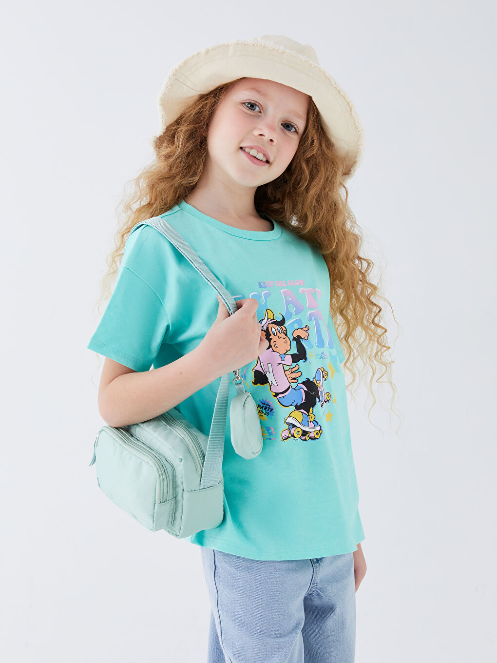 Turkuaz Bisiklet Yaka Nostaljik Maymun Baskılı Kısa Kollu Kız Çocuk Tişört-1