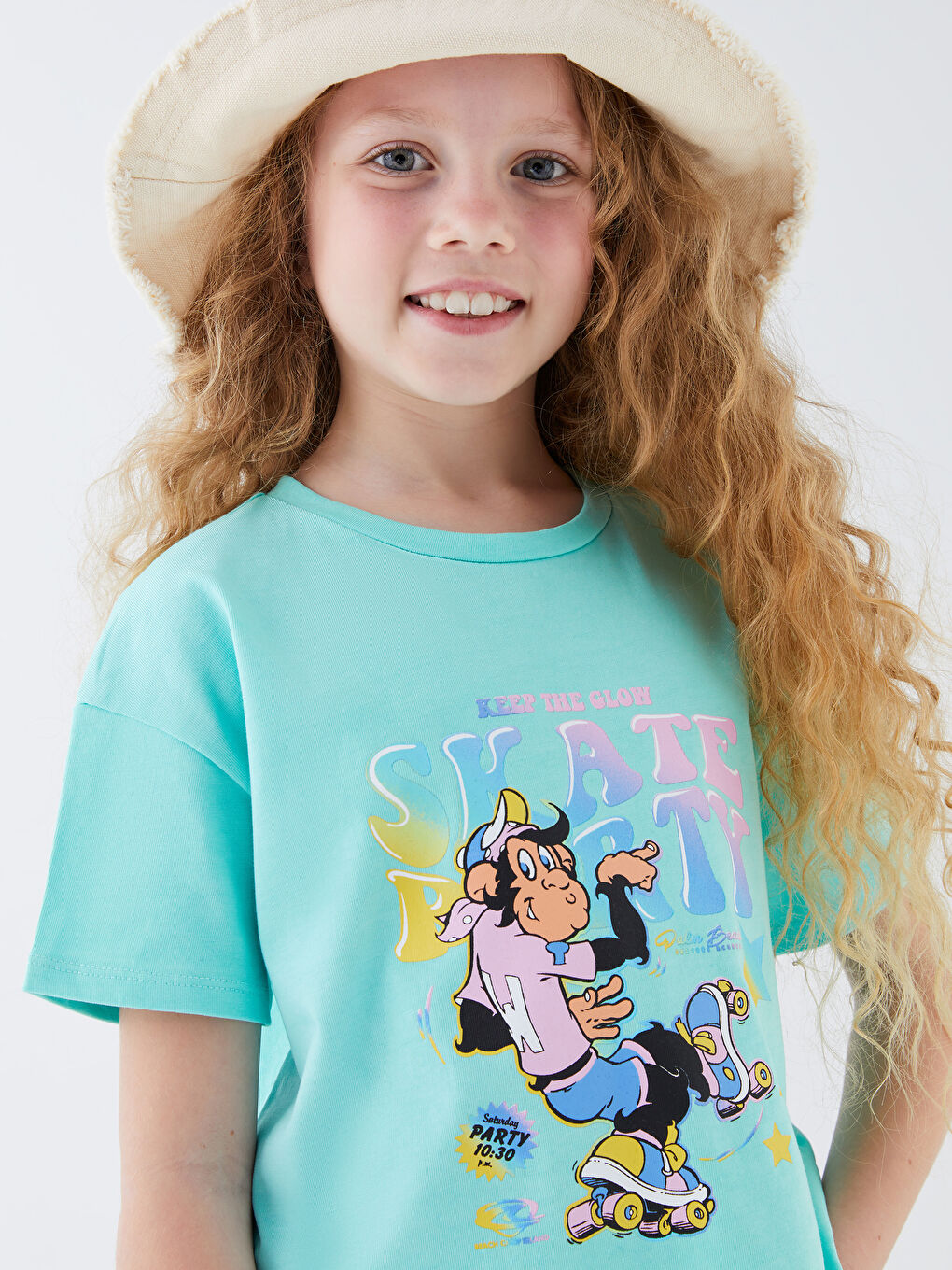 Turkuaz Bisiklet Yaka Nostaljik Maymun Baskılı Kısa Kollu Kız Çocuk Tişört-2