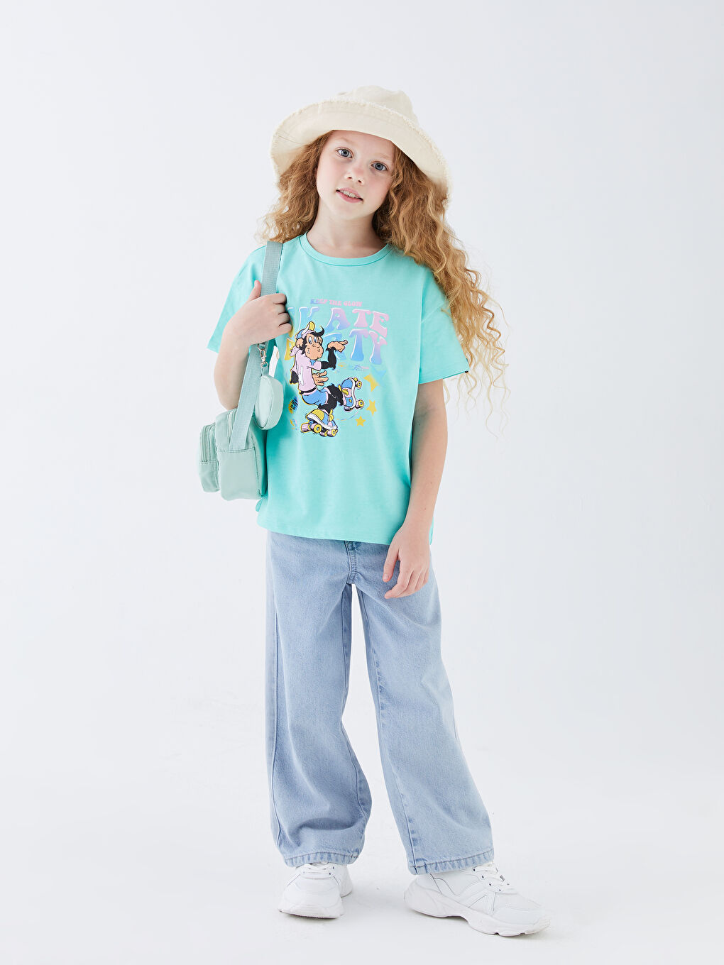 Turkuaz Bisiklet Yaka Nostaljik Maymun Baskılı Kısa Kollu Kız Çocuk Tişört-3