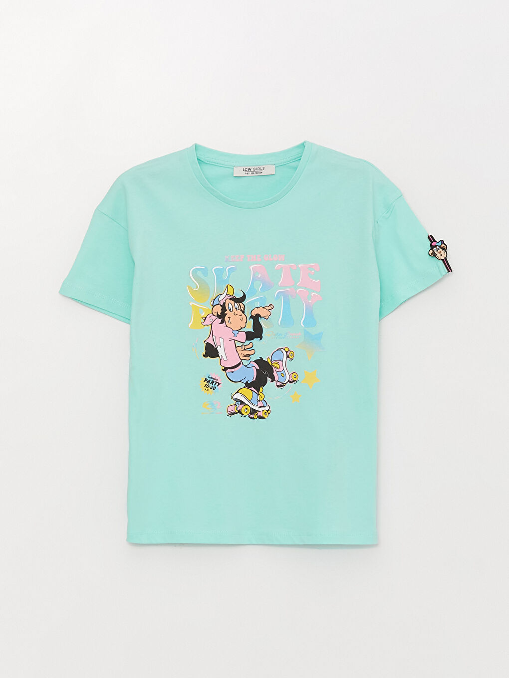 Turkuaz Bisiklet Yaka Nostaljik Maymun Baskılı Kısa Kollu Kız Çocuk Tişört-4