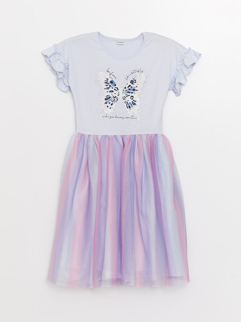 Mavi Bisiklet Yaka Baskılı Kısa Kollu Kız Çocuk Elbise