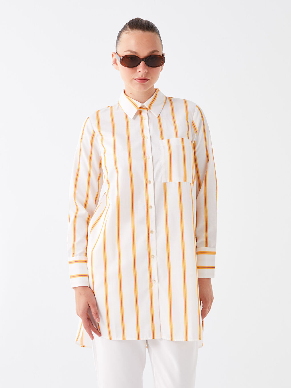 Turuncu Çizgili Kadın Gömlek Tunik