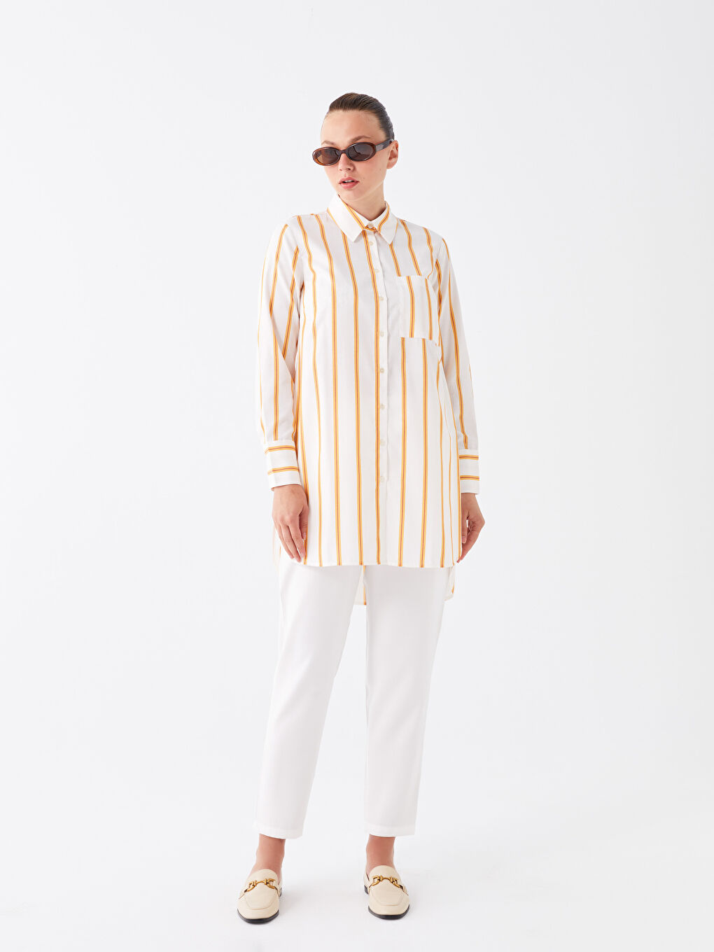 Turuncu Çizgili Kadın Gömlek Tunik-1