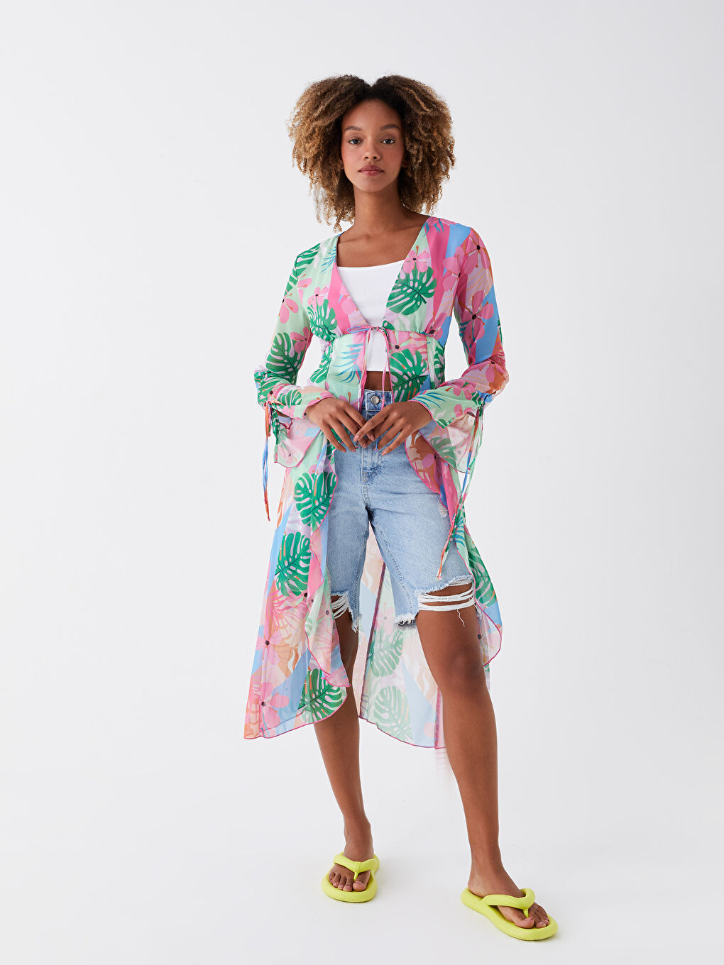 Кимоно с шалевым воротником, цветочным принтом и длинным рукавом для женщин