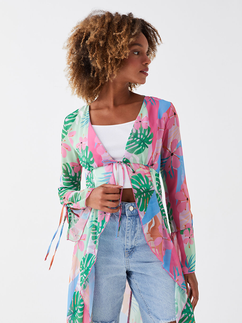 Кимоно с шалевым воротником, цветочным принтом и длинным рукавом для женщин-1