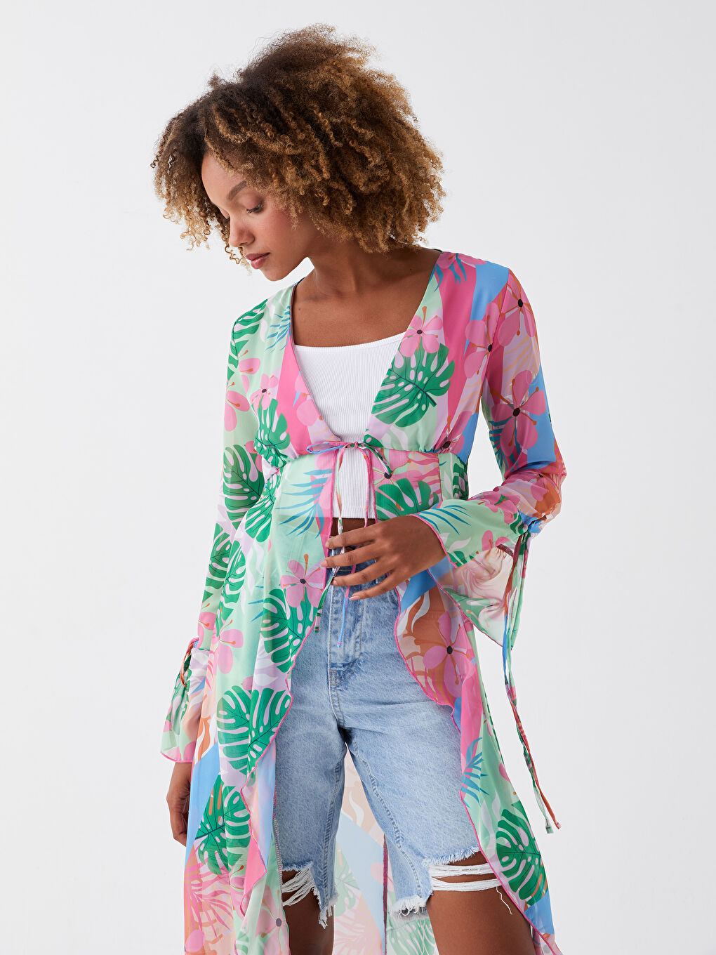 Кимоно с шалевым воротником, цветочным принтом и длинным рукавом для женщин-2