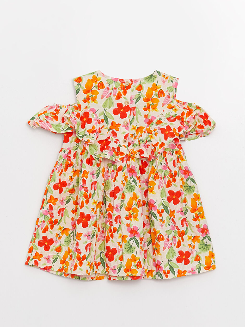 Ekru Bisiklet Yaka Desenli Kız Bebek Elbise-1