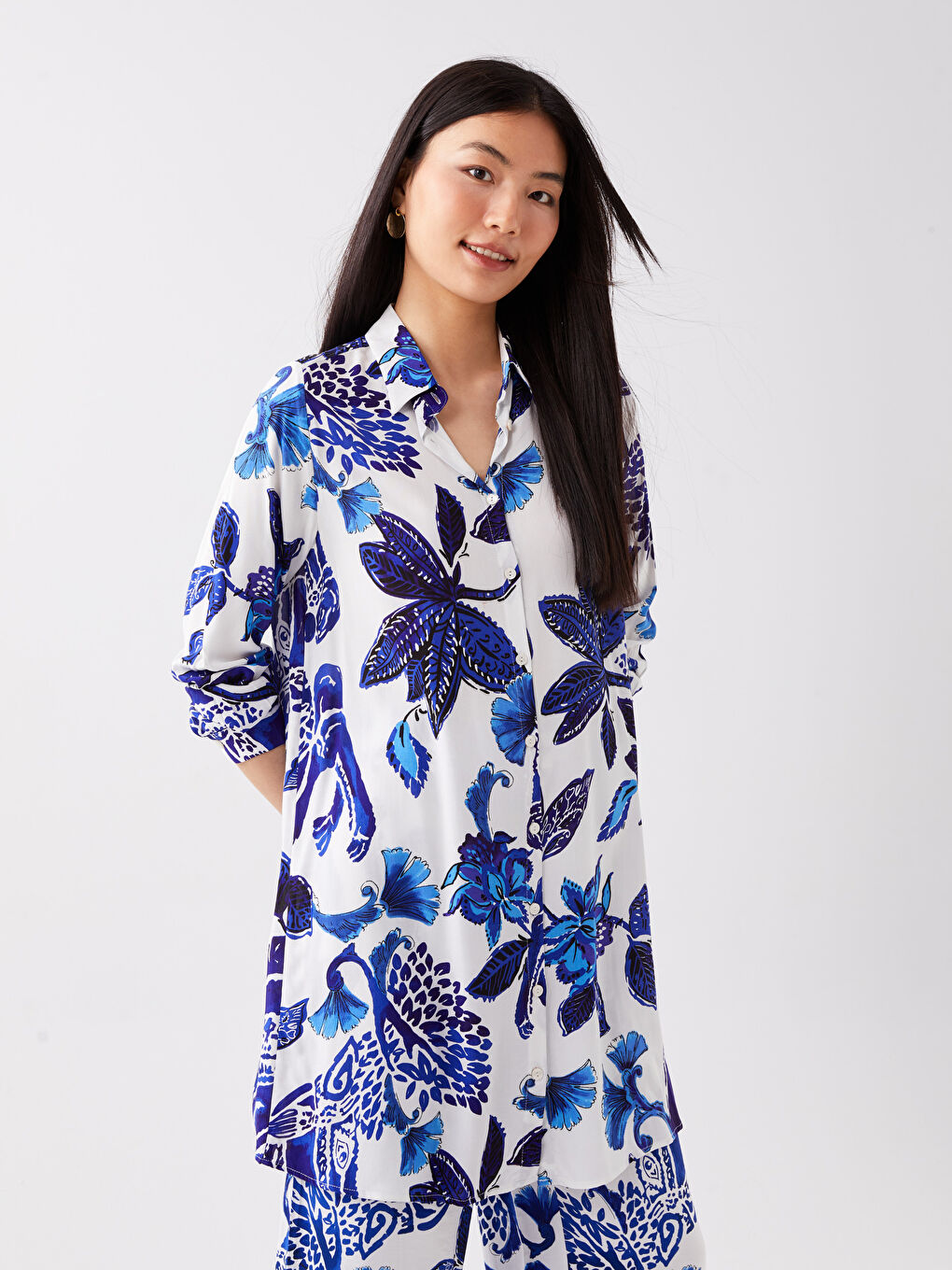 Karışık Çiçekli Uzun Kollu Kadın Gömlek Tunik