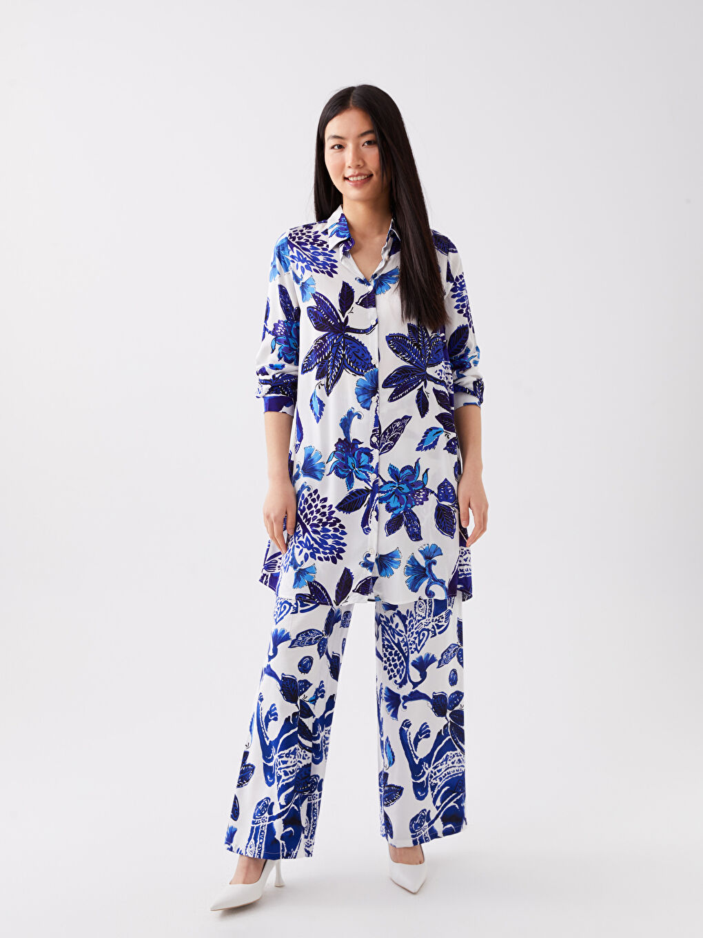 Karışık Çiçekli Uzun Kollu Kadın Gömlek Tunik-2