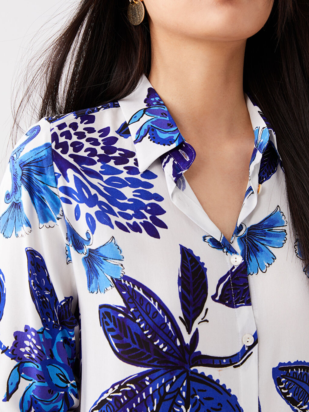 Karışık Çiçekli Uzun Kollu Kadın Gömlek Tunik-3