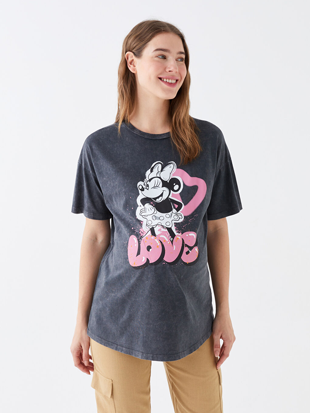 Gri Bisiklet Yaka Minnie Mouse Baskılı Kısa Kollu Hamile Tişört