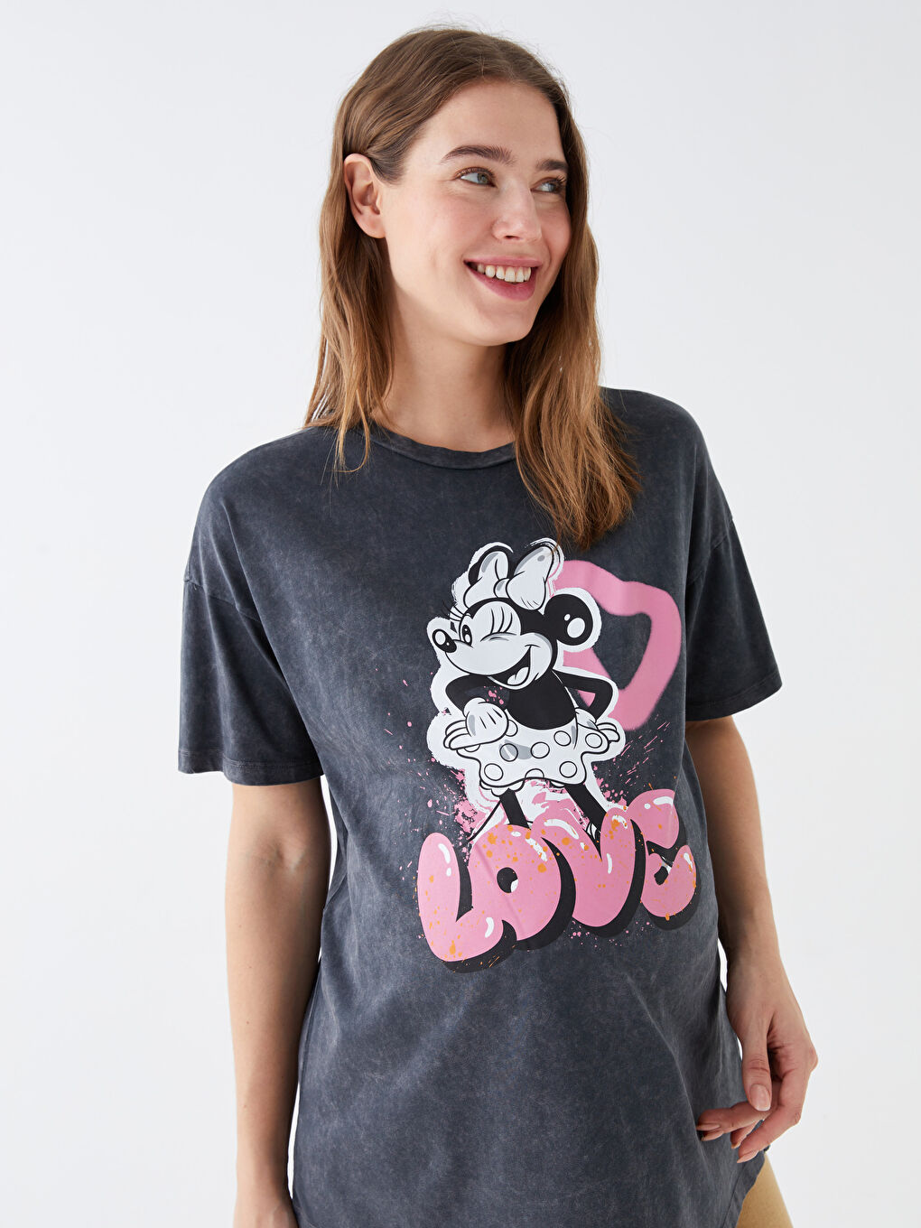 Gri Bisiklet Yaka Minnie Mouse Baskılı Kısa Kollu Hamile Tişört-1