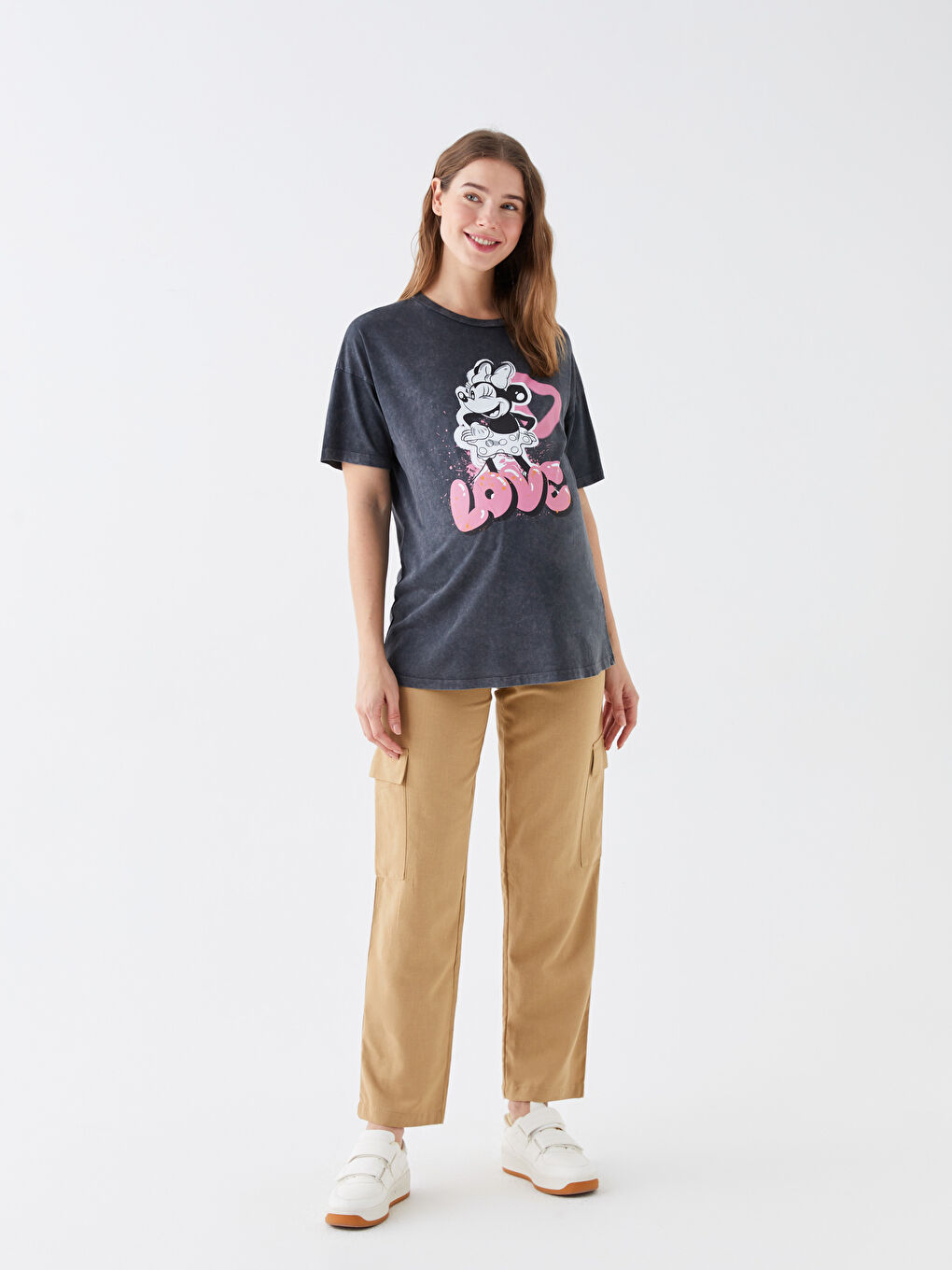 Gri Bisiklet Yaka Minnie Mouse Baskılı Kısa Kollu Hamile Tişört-2