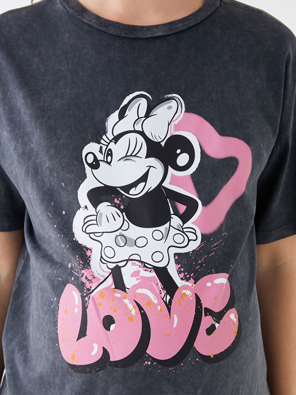 Gri Bisiklet Yaka Minnie Mouse Baskılı Kısa Kollu Hamile Tişört-3